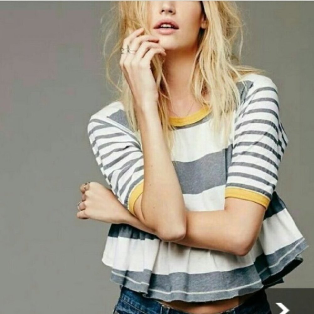 FREE PEOPLE Gray Yellow Striped Short Sleeve Peplum Blouse